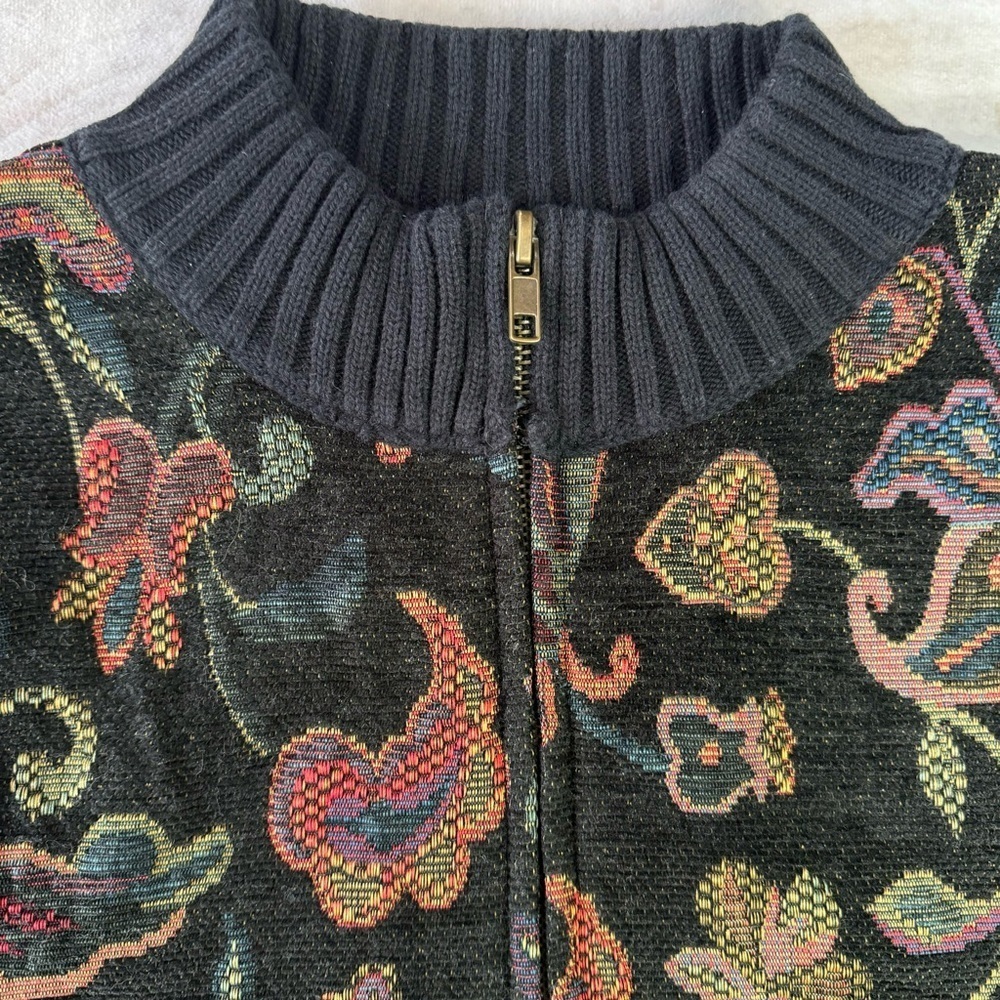 Christopher & Banks Black Ribbed w Jewel Tone Jacquard Floral Zip Front Cardigan - Picture 10 of 12